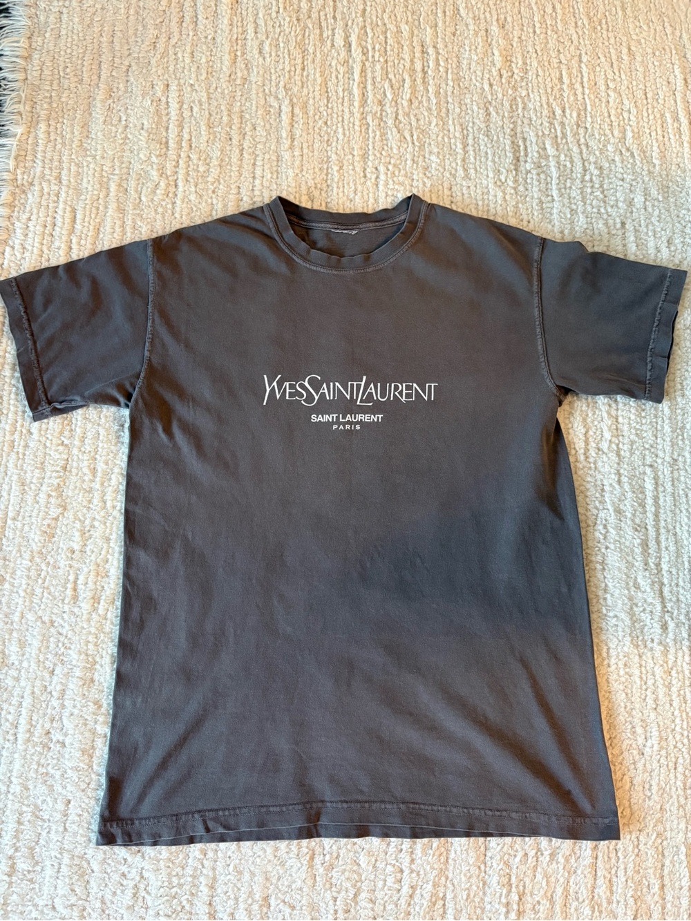 VINTAGE YSL Saint Laurent Taupe Brown Short Sleeve Logo Tee with White Print - Picture 2 of 5